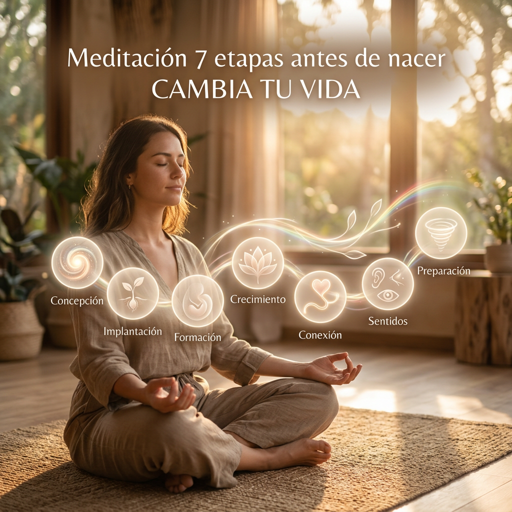 Woman meditating with icons and text of seven prenatal stages: Concepción, Implantación, Formación, Crecimiento, Conexión, Sentidos, Preparación